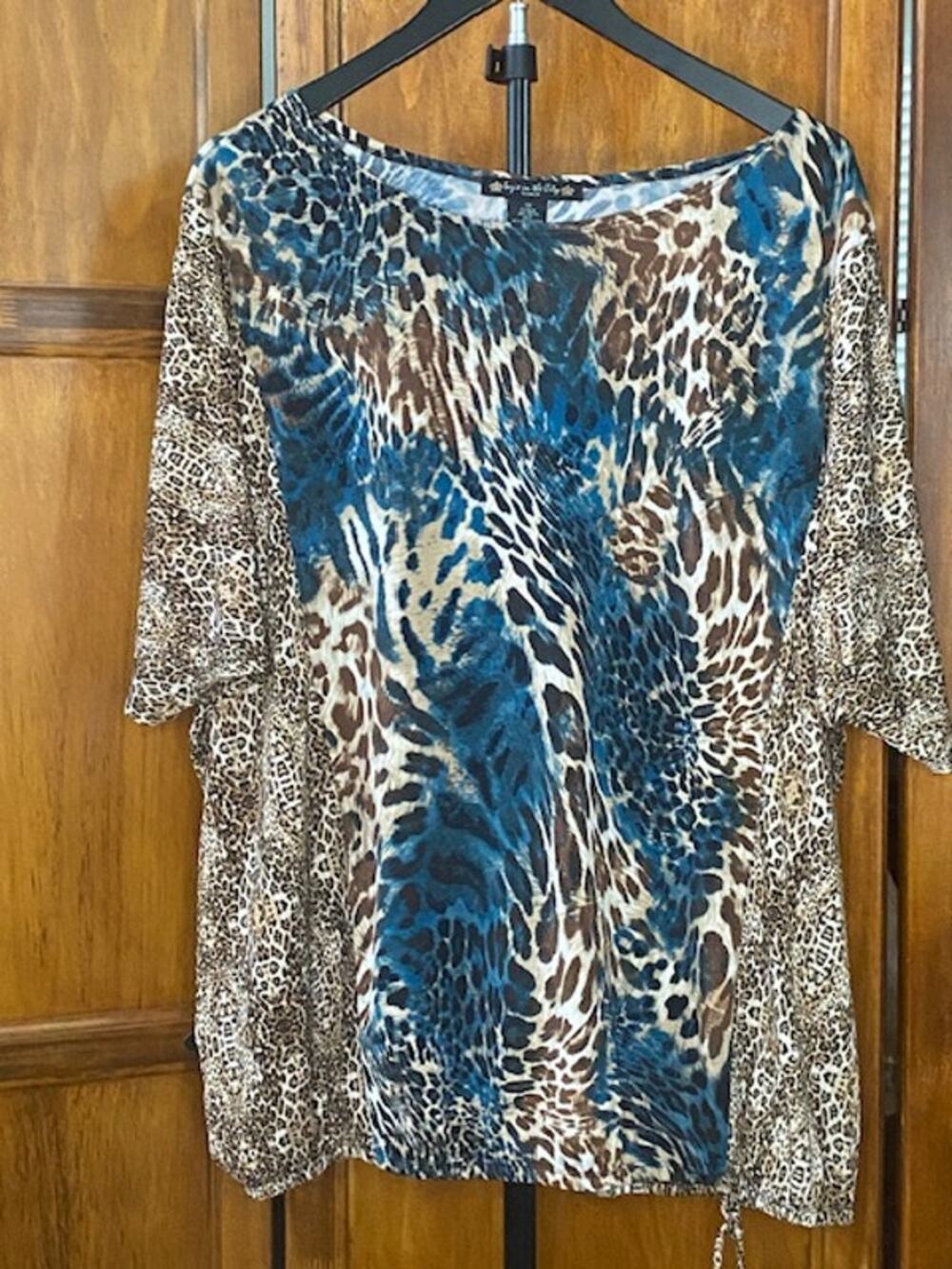 Suzie in the City Woman 1X Teal Brown Animal Print Stretch Blouse Plus Size